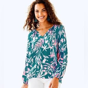 Lilly Pulitzer Charleigh Long Sleeve Blouse in Tidal Wave It’s Prime Time, XL
